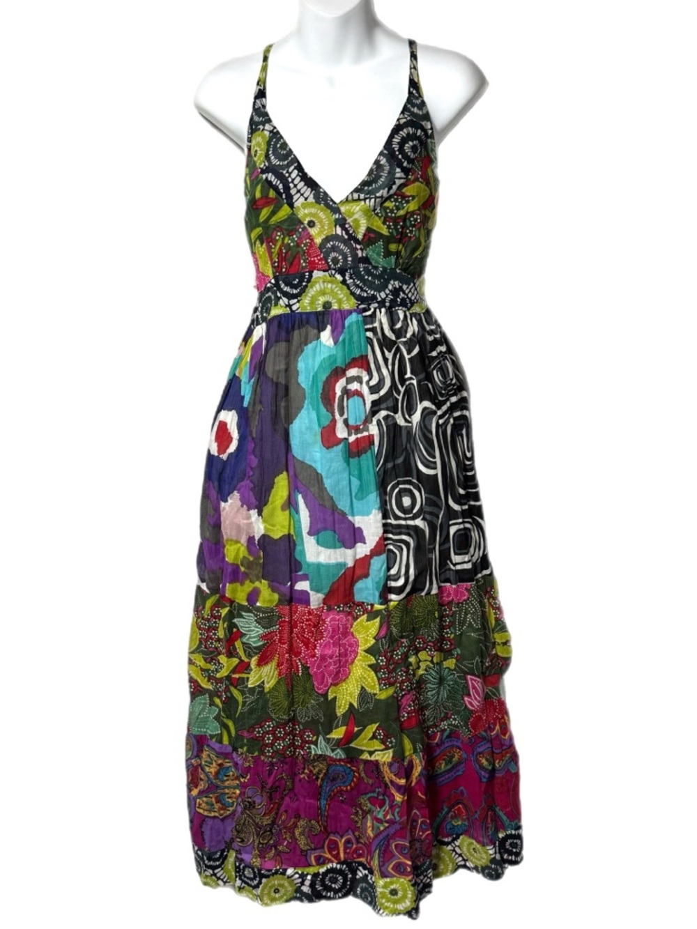 Vtg Jackpot Patchwork Maxi Dress Boho Festival Gauze Artsy Size Large READ